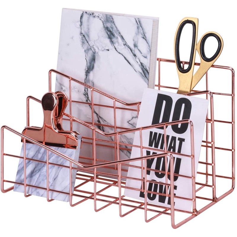 SALE Letter Holder Business Office File Tray Metal Rose Gold Mail Envelope Vertical Organizer 3 Layer Hollow Out Rack