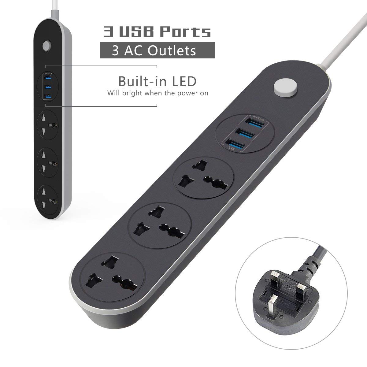 Power Strip Desktop Socket US/EU/UK Plug Surge Protector 3 Way Universal Outlets Smart USB Ports Charger 5.2ft Extension Cord