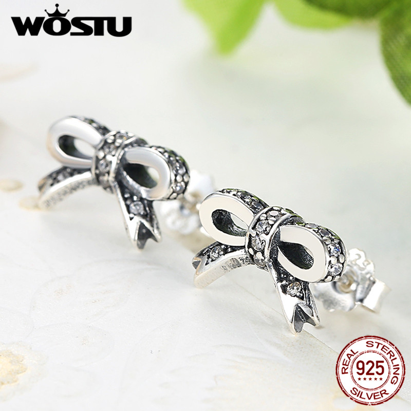 WOSTU Authentic Real 100% 925 Sterling Silver Sparkling Bow Knot Jewelry Sets Original Women Wedding Jewelry XCS022