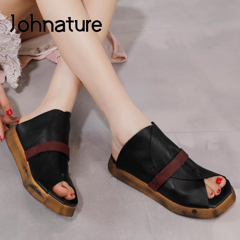 Johnature Genuine Leather Slippers Women Shoes Spring Summer Flat With Sewing Slides Outside Wear Retro Concise Ladies Slippers