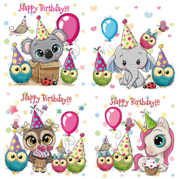 Happy Birthday Koala Elephant Unicorn Owl Iron On Patches Heat Transfers Vinyl For Clothing Thermal Stickers On Baby Clothes DIY