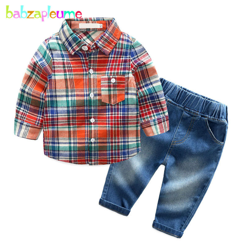 2PCS/3-24Months/Spring Autumn Baby Suit Infant Boys Clothes Sets Fashion Plaid Cotton Kids T-shirt+Jeans Newborn Clothing BC1387