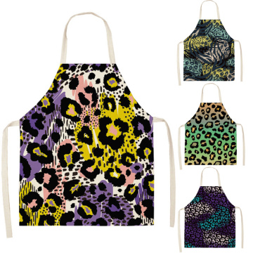 Women Leopard Kitchen Aprons for Women Men Cotton Linen Apron Home Cooking Baking Waist Bib Pinafore Cleaning Tools