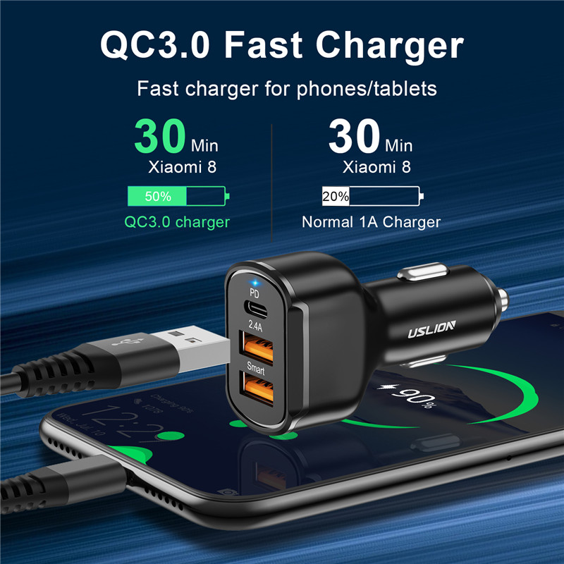 USLION PD 20W 3 USB Car Charger Quick Charge QC4.0 Universal Mobile Phone PD Type C Fast Charging For iPhone 11 Xiaomi Samsung