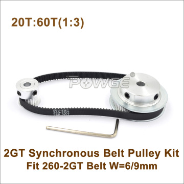 POWGE 20 Teeth 60 Teeth GT2 Timing Belt Pulley Kit 1:3 Speed Ratio 20T:60T 2M/2GT Reduction Pulley For W=6/9mm 260-2GT Belt