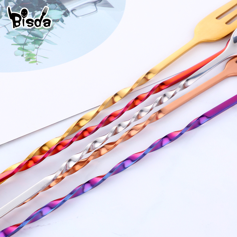 Cocktail Bar Spoons Fashion Swizzle Stainless Steel Bar Spoon With Fork Long Twisted Spoons Forks Stirring Ice Wine Tools