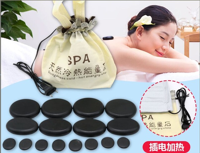 Massage Stones Massage Lava Natural Energy Massage Stone Set Hot Spa Rock Basalt Stone 8 Pcs Set and EU Plug Heater Bag/ Box