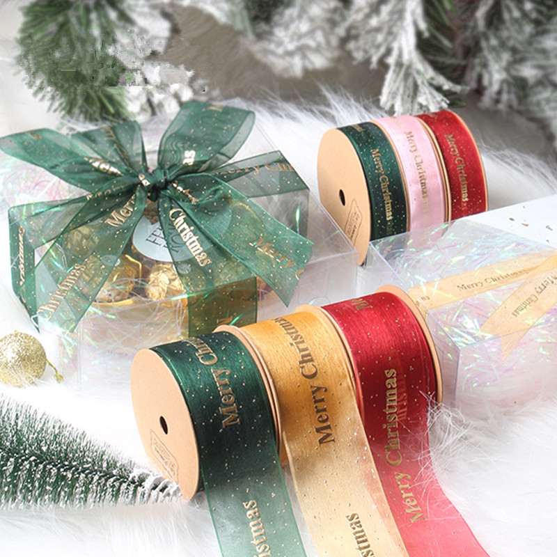 4.5-9 M/roll Organza Ribbon Snow Yarn Merry Christmas Printed Gift Wrapping Decoration Christmas Silk Golden Bronzing Ribbons