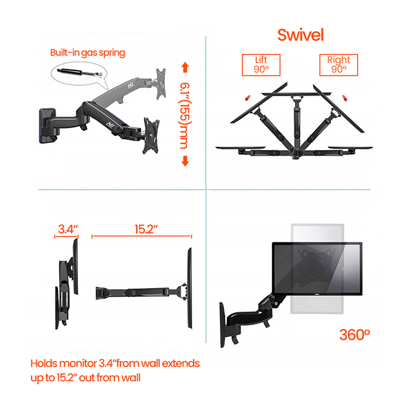 NB 17"-27" Lcd Monitor Stand Mount Aluminum Gas Spring Full Motion Tv Mount Bracket Dual Arm Computer Monitor Holder TV Stand