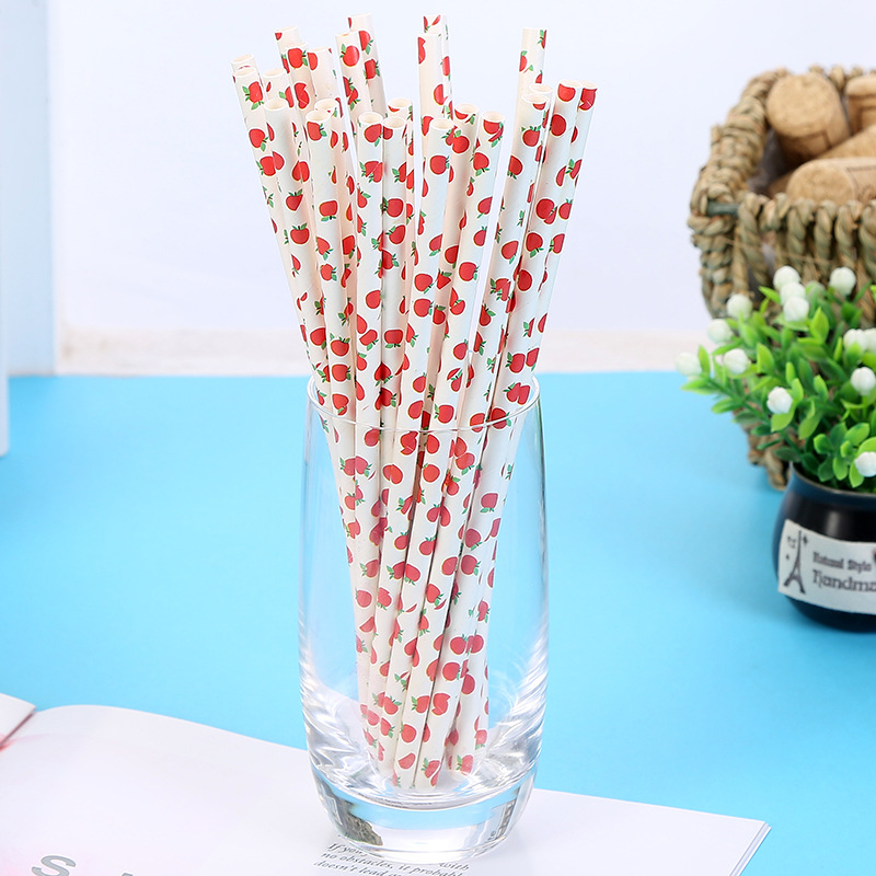 25 PCS Disposable Paper Straws Fruit Pattern Collection Juice Dessert Baking Straw Drinking Paper Straws Kitchen Disposable Tool