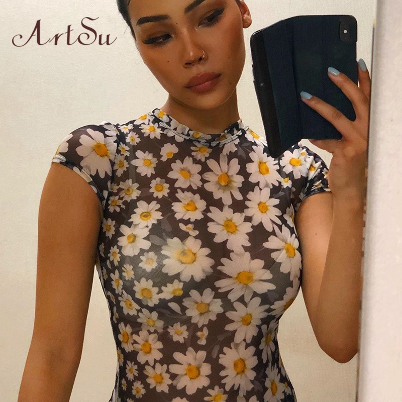 Artsu Boho 2020 Short Sleeve Daisies Print Mesh see-through Sexy Maxi Dress Summer Women Floral Vestido Outfits Ladies Dresses