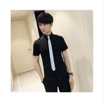 New Arrivals Mens Short Sleeve White Airline Pilot Uniforms Hair Stylist Fashion Slim Fit Black Workwear Big Size Male Clothing