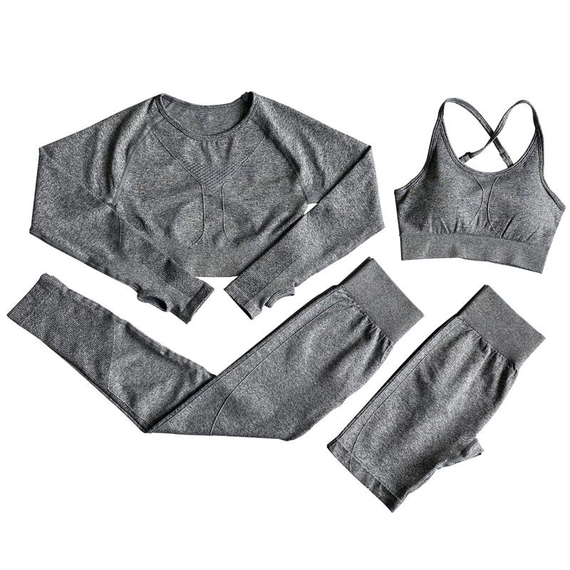 Women Seamless Yoga Set Long Sleeve Fitness Running Sportswear High Waist Yoga Shorts Gym Leggings Workout Clothing Suit