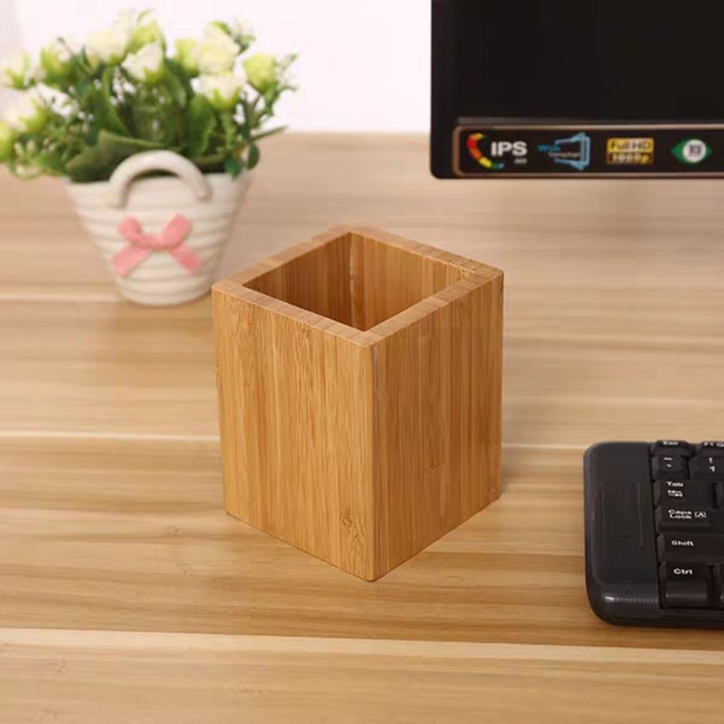 Bamboo Pen Pencil Holder Makeup Brush Storage Office Desktop Stationery Organizer Square Container