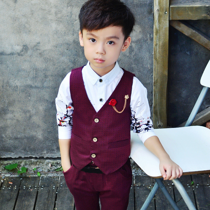 Children Wedding Suit for Boys Vest + Pants 2 Pieces Formal Suit Red Gray Boys Spring Summer England Style Kids Blazer Suits