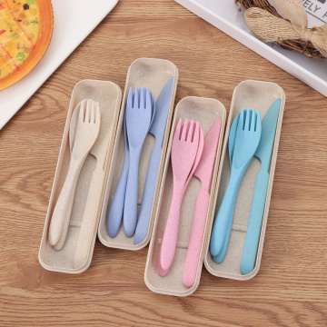 3PCS/Set Portable Wheat Straw Dinnerware Sets Fork Spoon Travel Tableware Cutlery Box Eco-friendly Outdoor Kitchen Supplies