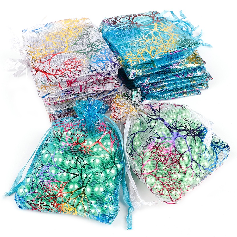 50pcs/lot 7x9cm 9x12cm 10x15cm Colorful Organza Bags Jewelry Packaging Bags Wedding Favor Gift Bags Drawstring Pouches
