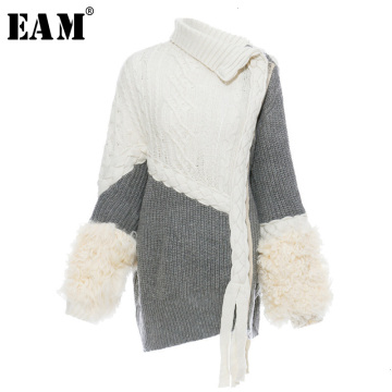 [EAM] Asymmetrical Split Fur Big Size Knitting Sweater Loose Fit Long Sleeve Women New Fashion Tide Spring Autumn 2021 1H202