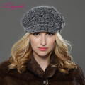 LILIYABAIHE NEW Style Women Winter hat brim hat knitted wool angora hat Geometric mink flower decoration cap Double warm hat