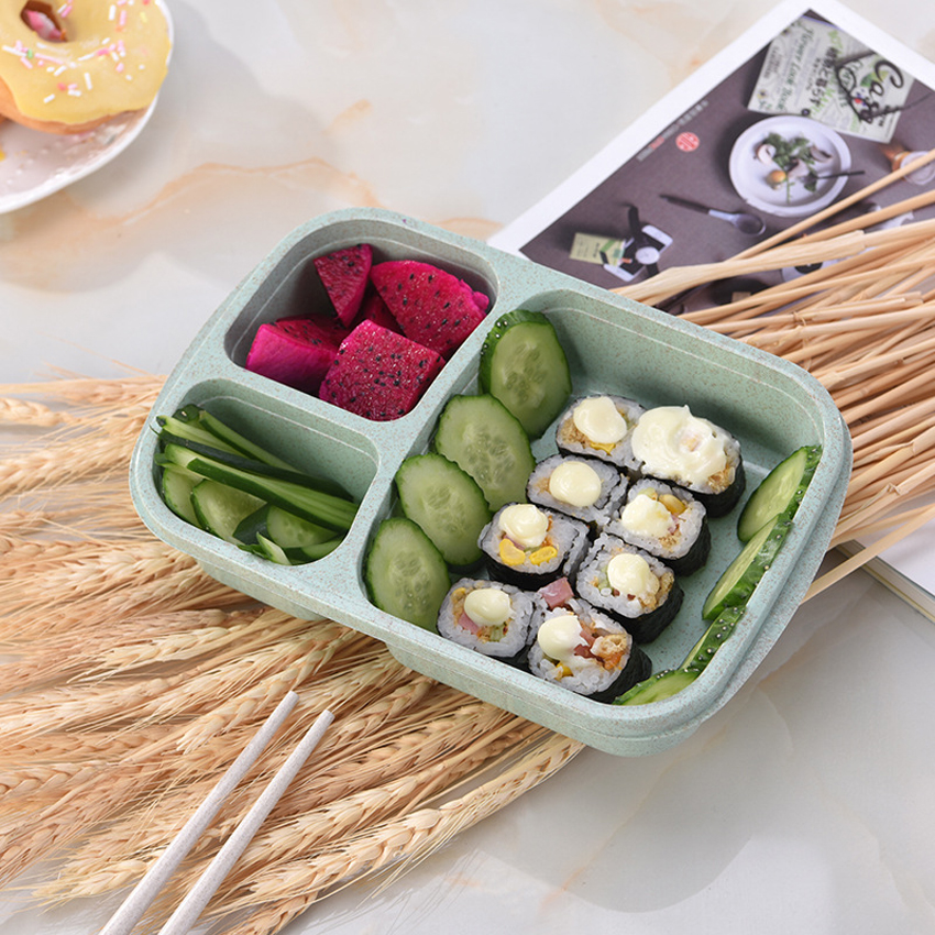 Lunch Wheat Straw Bento Box 3 Grid With Lid Microwave Food Box Biodegradable Storage Container Lunch Bento Boxes Dinnerware Set