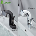 LANGYO Bathroom Sink Waterfall Faucet Black/Chrome Water Taps Single Handle Creative Deck Mount Cold Hot Mixer Faucet 2018A119
