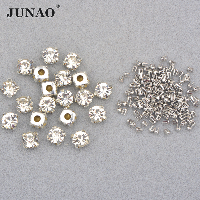 JUNAO 8mm Clear Glass Claw Rhinestone With Nail Silver Gold Strass Applique Flatback Crystal Stone For Hand Press Machine Tools