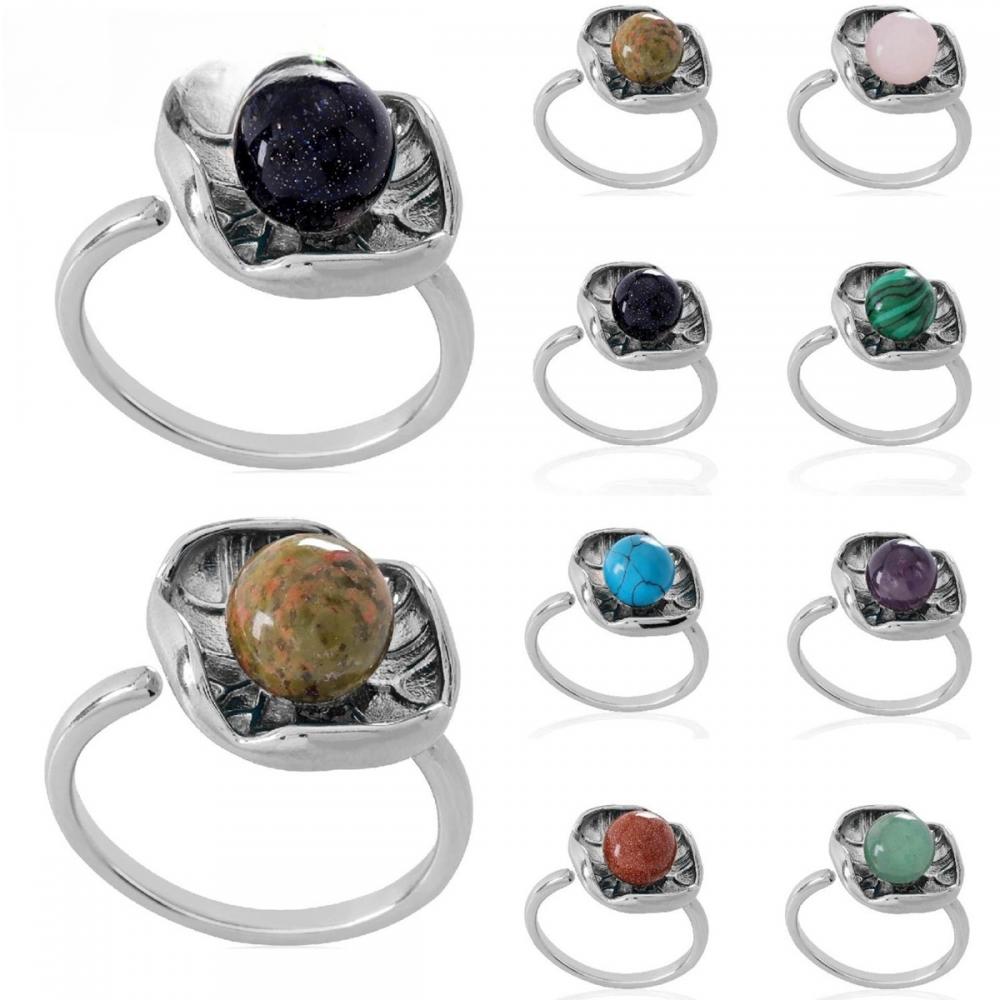 Gemstone Beads Ring 8MM Balls Silver Lotus Ring for Men Women Adjustable Crystal Rings Wedding Anniversary Mother's Day Gift