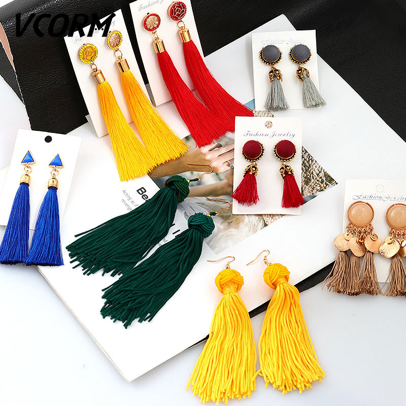 VCORM Bohemian Tassel Crystal Long Drop Earrings for Women Red Cotton Silk Fabric Fringe Earrings 2020 Fashion Woman Jewelry