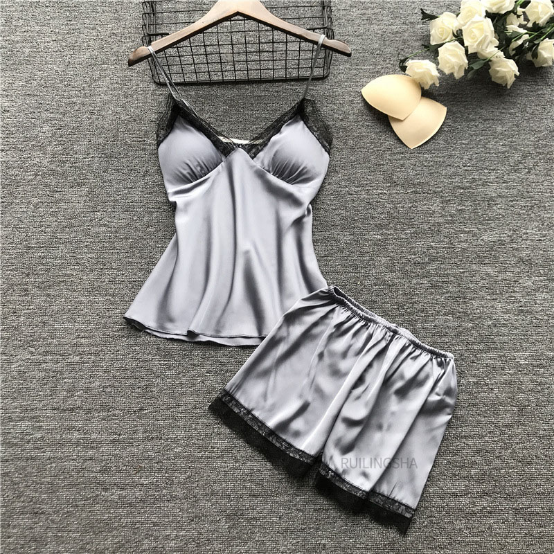 Plus Size 2XL 2020 Women Pajamas Sets Satin Sleepwear Silk 4 Pieces Nightwear Pyjama Spaghetti Strap Lace Sleep Lounge Pijama