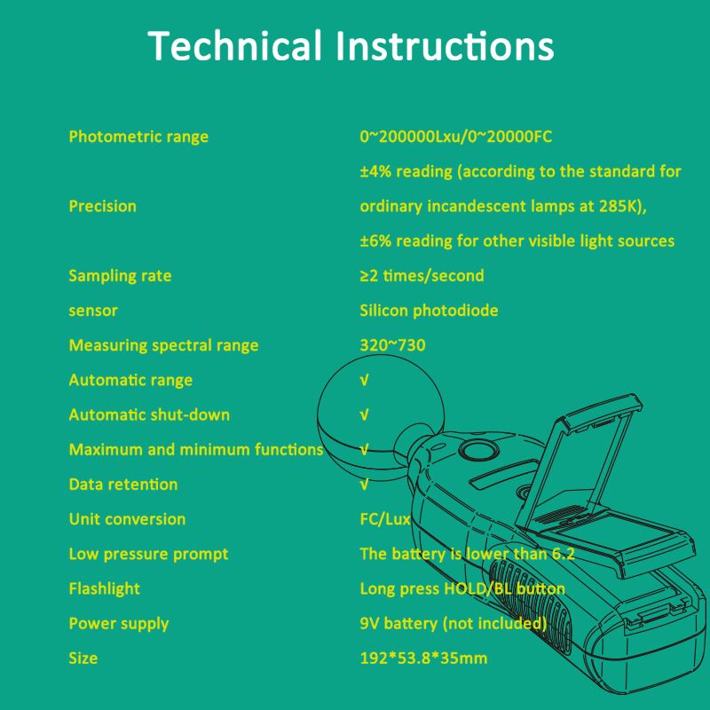 Digital Lux meter 200,000 light meter Mini Luxmeter Handheld illuminometer Meter Spectrometer Enviromental Testing Photometer