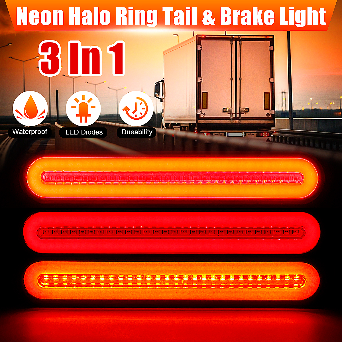 Waterproof LED Trailer Truck Brake Light 3 in 1 Neon Halo Ring Tail Brake Stop Flowing Turn Signal Light Lamp Blinker 12V-24V