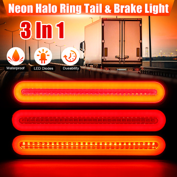 Waterproof LED Trailer Truck Brake Light 3 in 1 Neon Halo Ring Tail Brake Stop Flowing Turn Signal Light Lamp Blinker 12V-24V