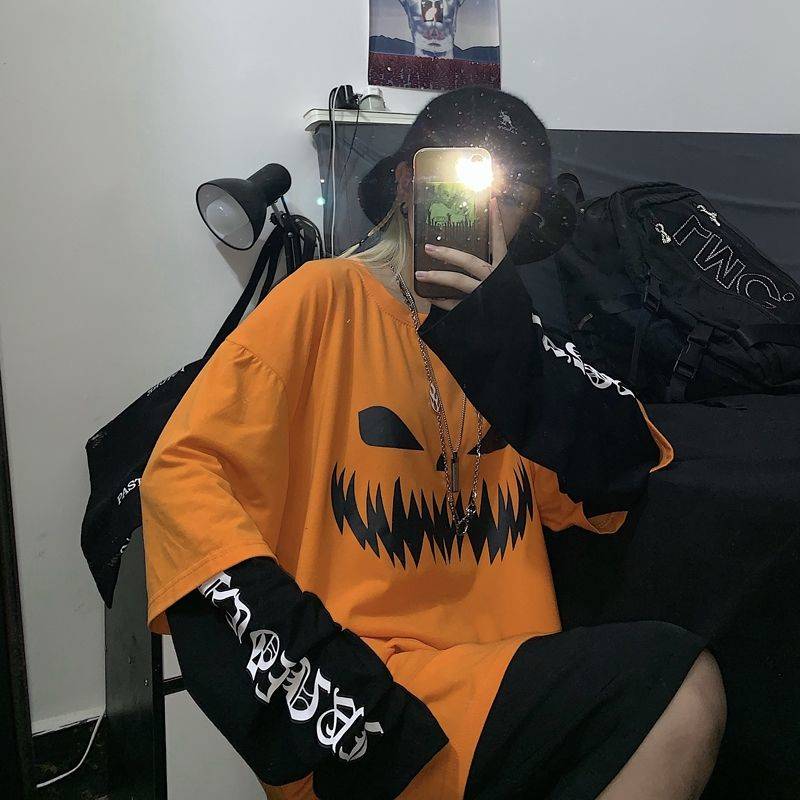 Christmas Women T-shirts Patchwork T Shirt Halloween Pumpkin Devil Pullovers Tops Long Sleeve Hip Hop Tshirt Streetwear Females