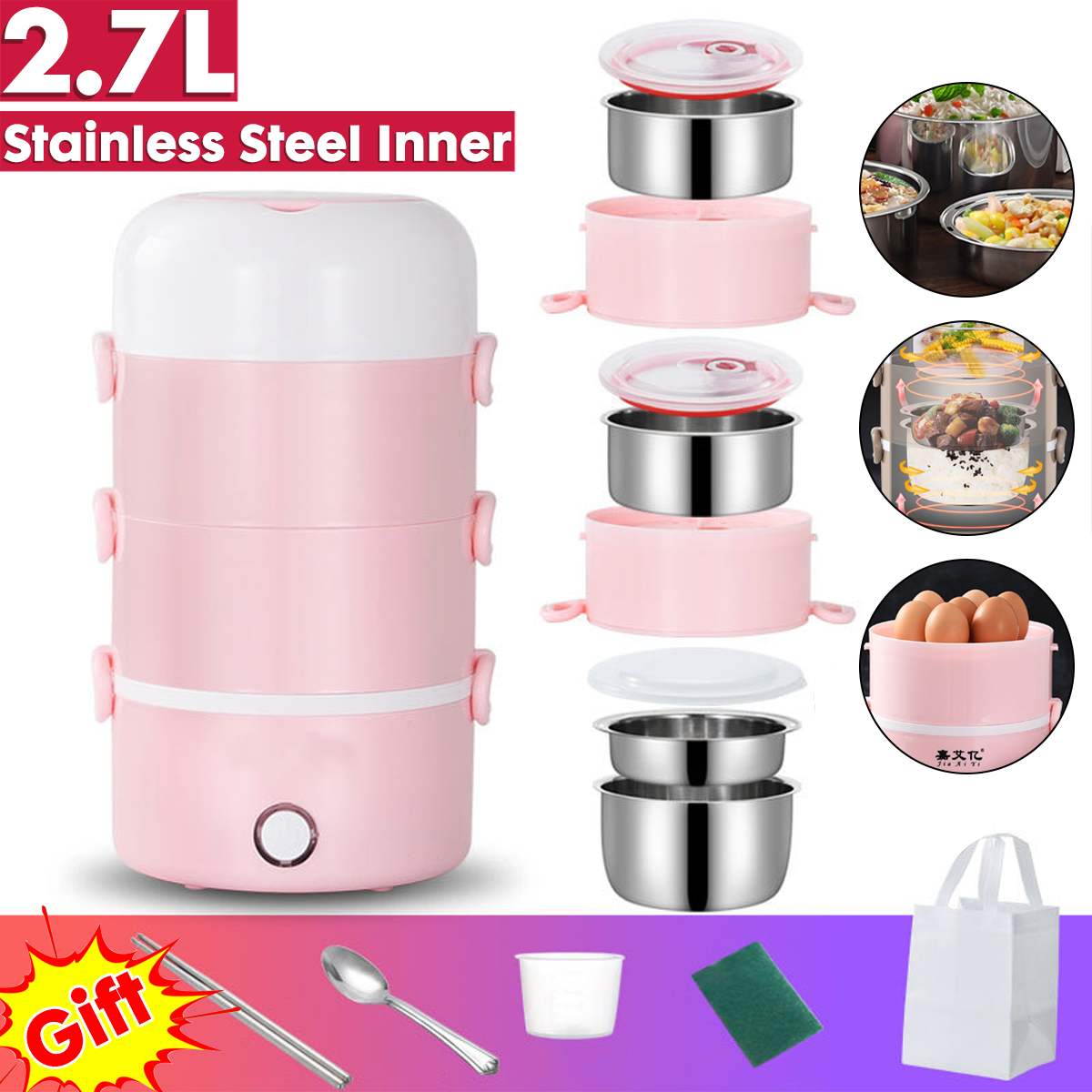 Upgraded Heat Preservation Electric Lunch Box 4 Layers Food Container For Kids Portable Picnic Bento Rice Cooker Food Warmer AU