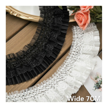 7CM Wide White Black Satin Stretch Lace Embroidery Ribbon Elastic Ruffle Fringe Trim Collar Neckline Cuffs Sewing Splicing Decor