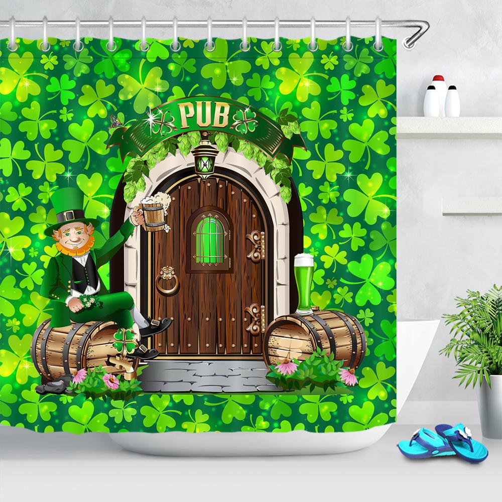 Green Clover Wooden Door Cask Irish St. Patrick's Day Shower Curtain Non-Slip Rugs Waterproof Polyester Fabric Bathroom Curtains