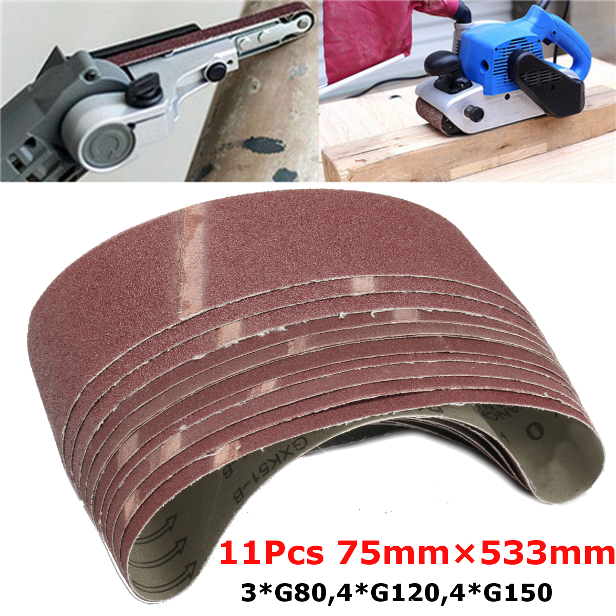 11Pcs Sanding Belts 75mm x 533mm 80 120 150 Mixed Grit Alumina Sander File Belt Set Abrasive Tools Accessories