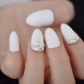 Matte Custom Fake Nails Craft White Decorative Luxury Nails Stiletto Rhinestones Designed Fingernails with Glue sticker 24pcs