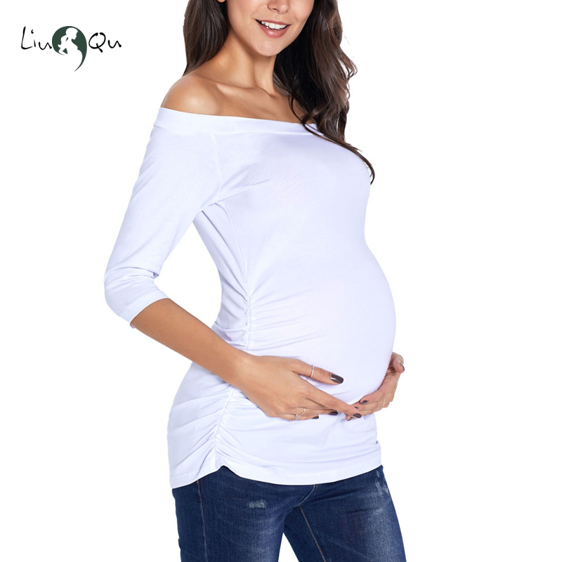 Womens Maternity Tunic Pregnancy Tops Off Shoulder 3/4 Sleeve Womens Clothing Classic Side Ruched T-shirt Pregnancy Clothes