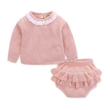 0-2 Year Old Clothing New 2020 Autumn Baby Girls Suit Knit Cotton Baby Long Sleeve Blouse + Lotus Leaf Shorts Baby Clothing Set
