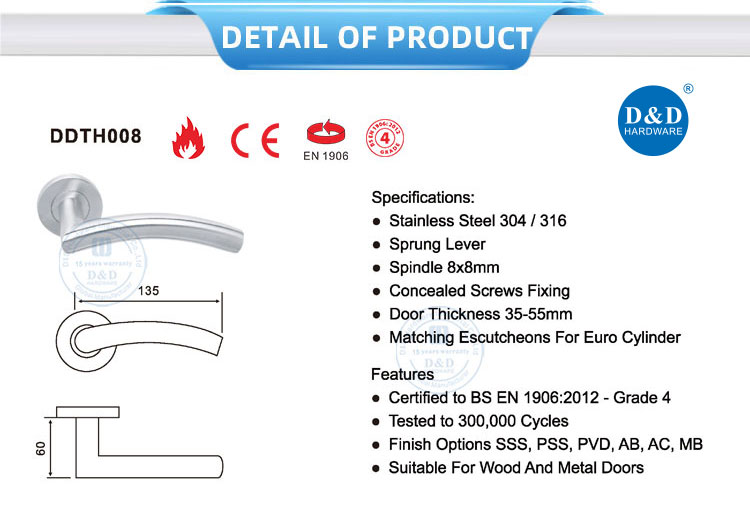 Good Quality EN1906 SUS304 Hollow Sprung Lever Handle