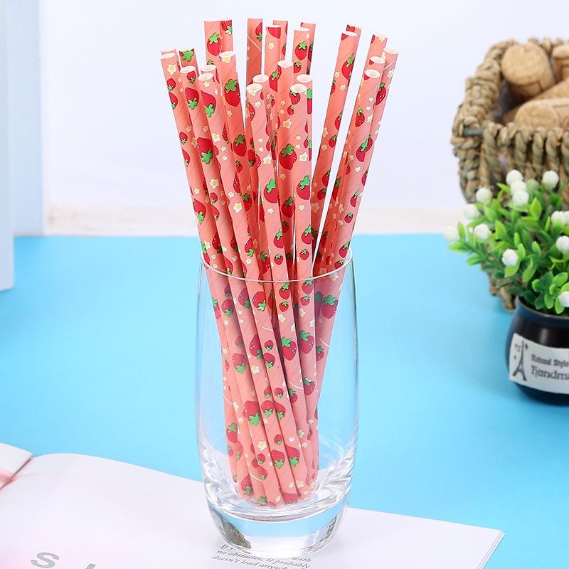 25 PCS Disposable Paper Straws Fruit Pattern Collection Juice Dessert Baking Straw Drinking Paper Straws Kitchen Disposable Tool