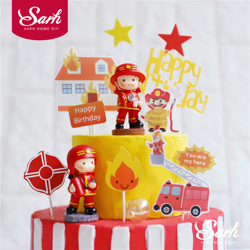 Water Gun Fireman Decoration Happy Birthday Firefighting Cake Topper for Children's Day Kid Party Supplies Baking Lovely Gifts