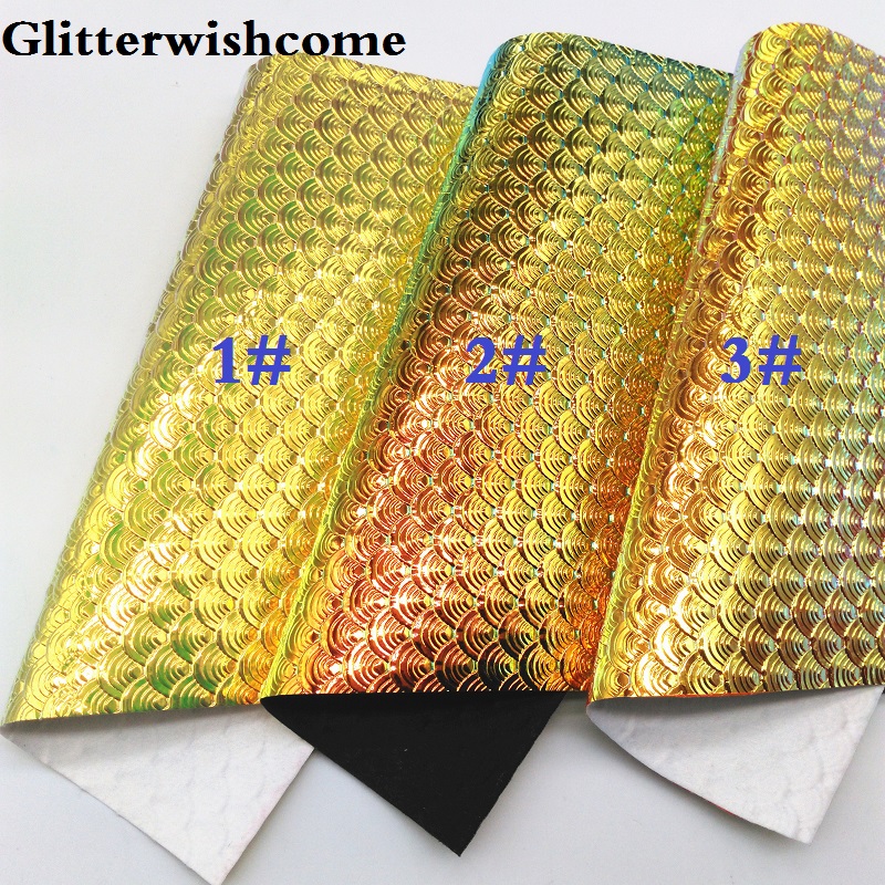 Glitterwishcome 21X29CM A4 Size Vinyl For Bows Embossed Mermaid Fish Grain Leather Fabirc Faux Leather Sheets for Bows, GM083A