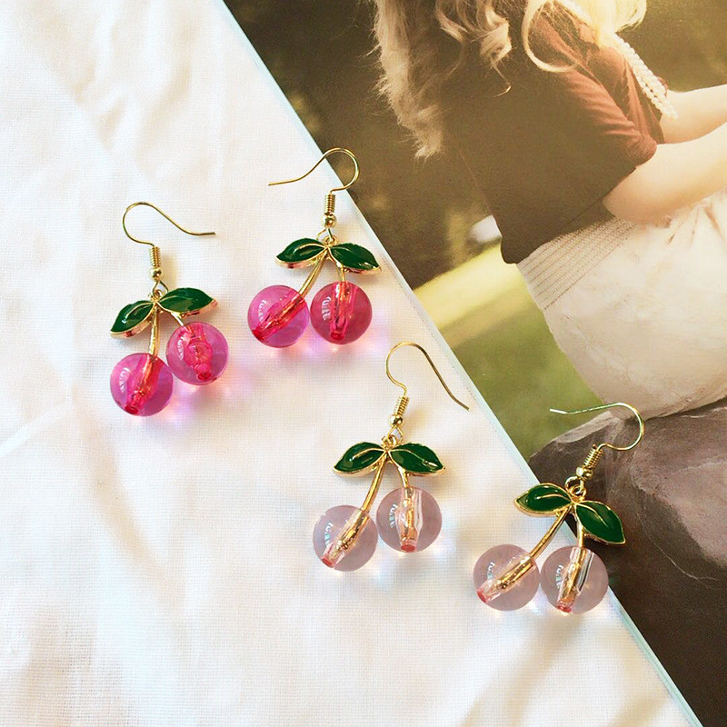 Sweet Fresh Cherry Heart Drop Earrings for Women Cute Fashion Drop Glaze Fruit Cherry Pendant Earrings Girl Female Gifts Jewelry