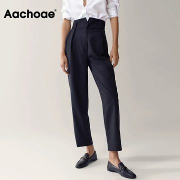 Aachoae Women Chic Black Pants High Waist Elegant Long Trousers Zipper Fly Lady Pencil Pants Office Wear Bottoms Pantalon Femme