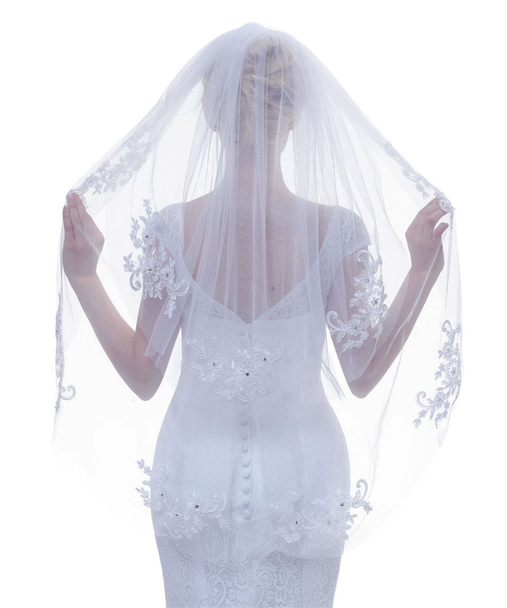 Veu De Noiva Crystal Lace Short Bridal Veil 2 Tier Lace Wedding Veil with Comb