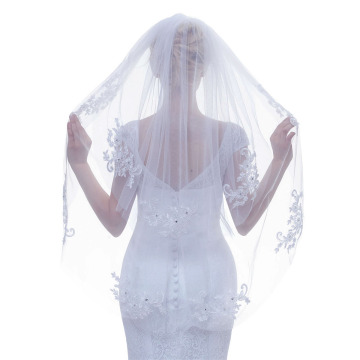 Veu De Noiva Crystal Lace Short Bridal Veil 2 Tier Lace Wedding Veil with Comb