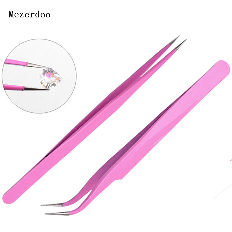 2Pcs/Set Picking Tool Pink Stainless Steel Eyelash Extension Curved Straight Tip Nippers Tweezer Nail Tool Beauty Eye Makeup