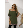 Fashion Women Casual Loose T-Shirts Colar Matching Design Slash Neck Long Sleeve Leopard Print Spring Autumn Pullovers Top